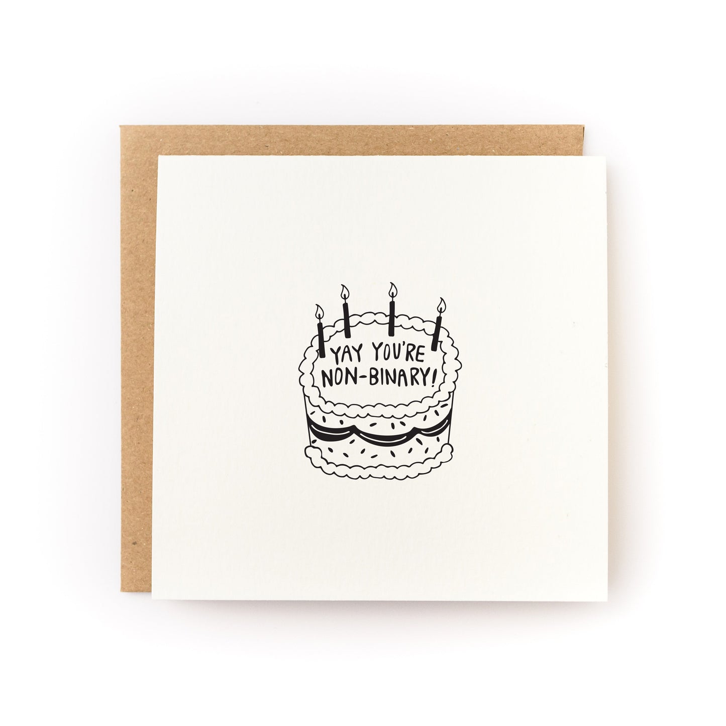Yay You're Non-Binary Letterpress Card with hand-printed birthday cake design on soft white folded cardstock.