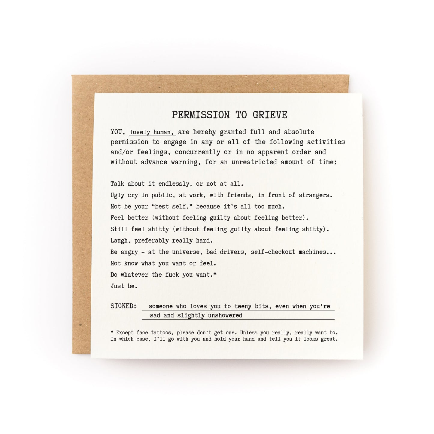 Thoughtful sympathy card that has a white background and black text that reads like a permission slip, titled Permission to Grieve