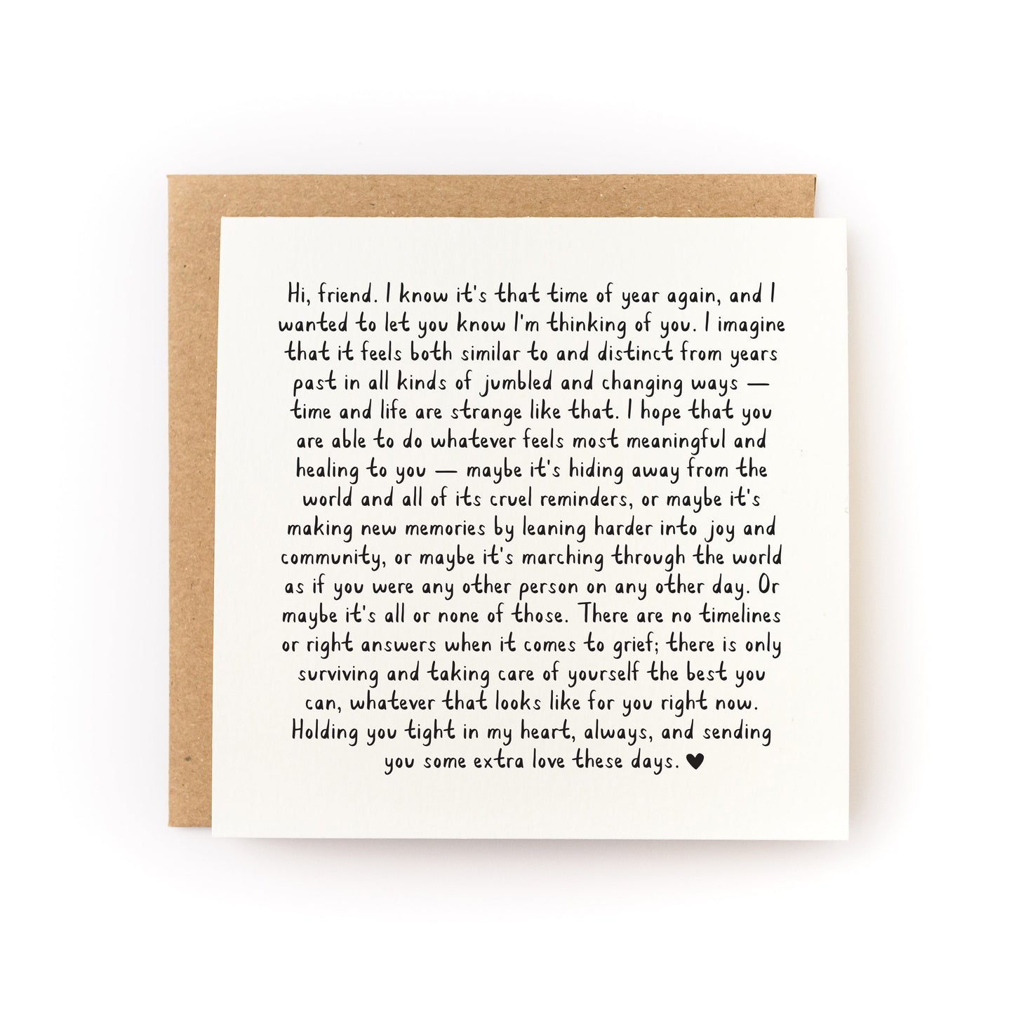 Hard Anniversary Letterpress Card with heartfelt grief message on luxe white cardstock and kraft envelope.