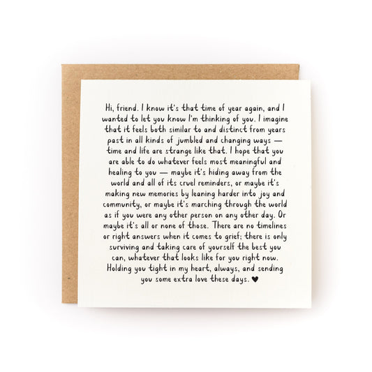 Hard Anniversary Letterpress Card with heartfelt grief message on luxe white cardstock and kraft envelope.