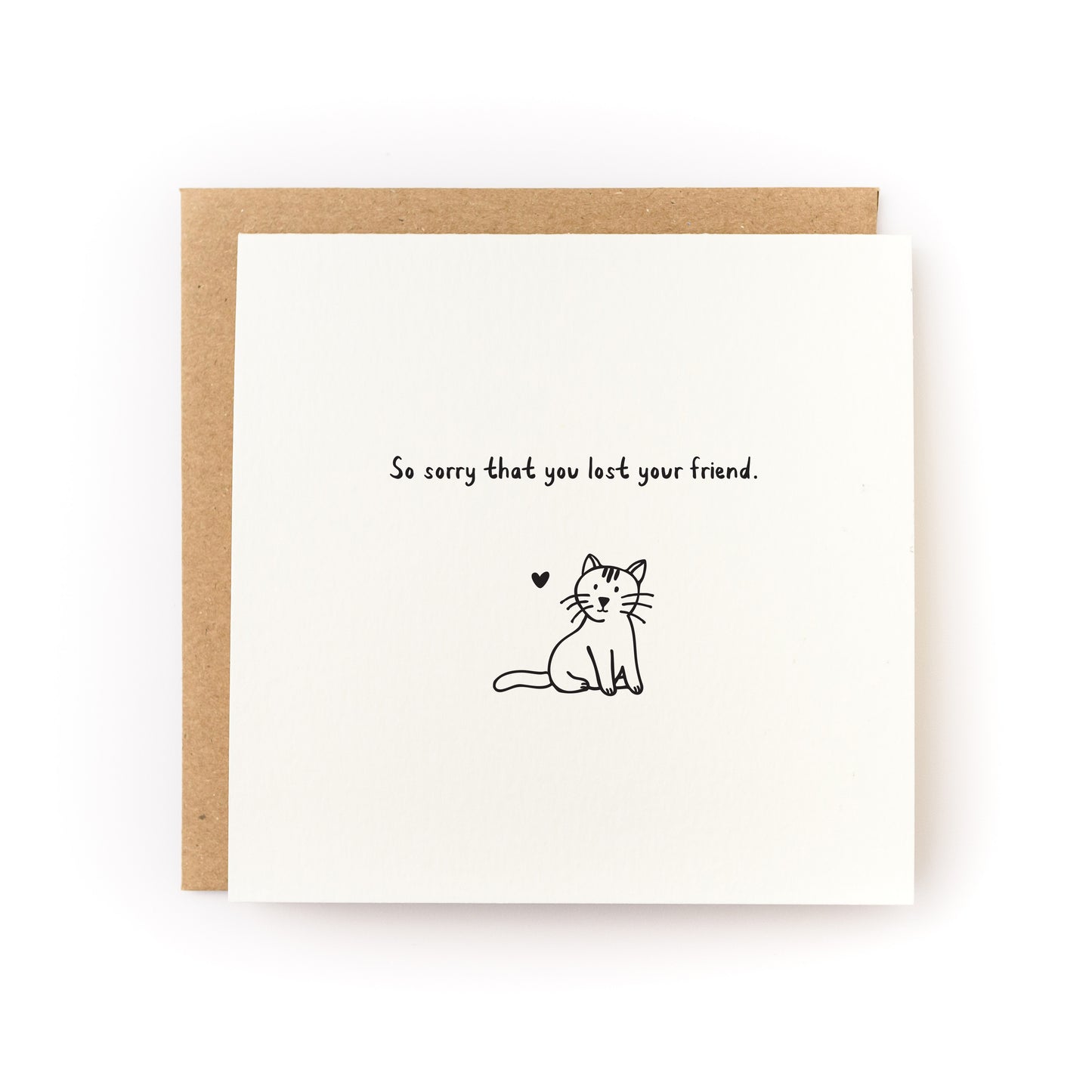 Lost Cat Friend Sympathy Card with simple cat illustration and message on white letterpress card with kraft envelope.
