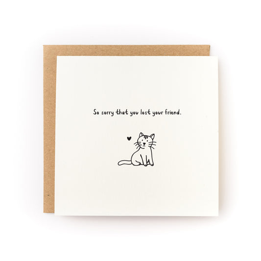 Lost Cat Friend Sympathy Card with simple cat illustration and message on white letterpress card with kraft envelope.