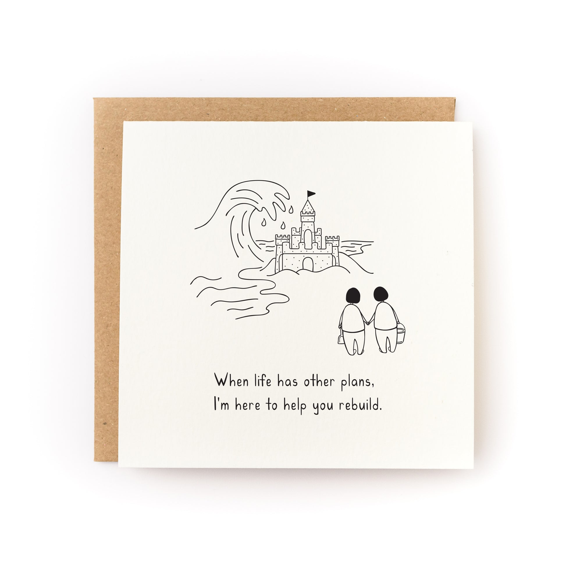 Rebuild Sandcastle Letterpress Card showing two figures with buckets facing a sandcastle and uplifting message below.