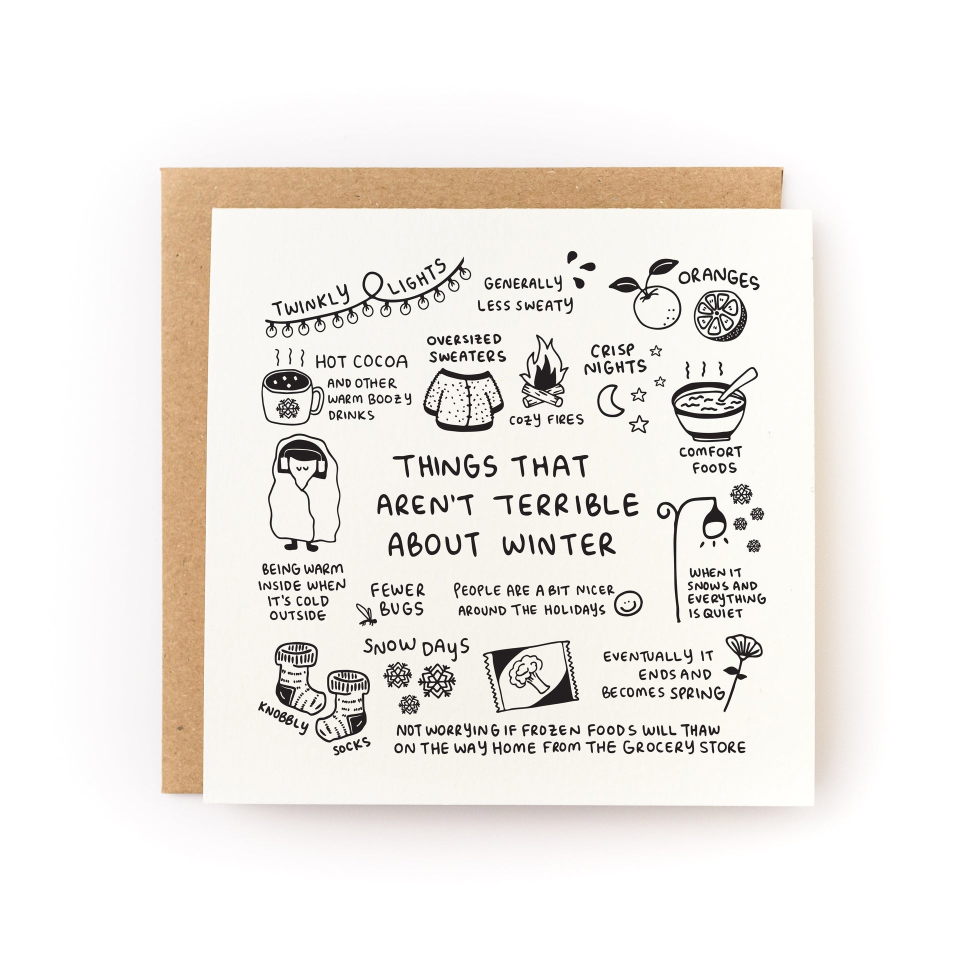 Things That Aren't Terrible About Winter Letterpress Card with hand-drawn winter comforts and cozy illustrations.