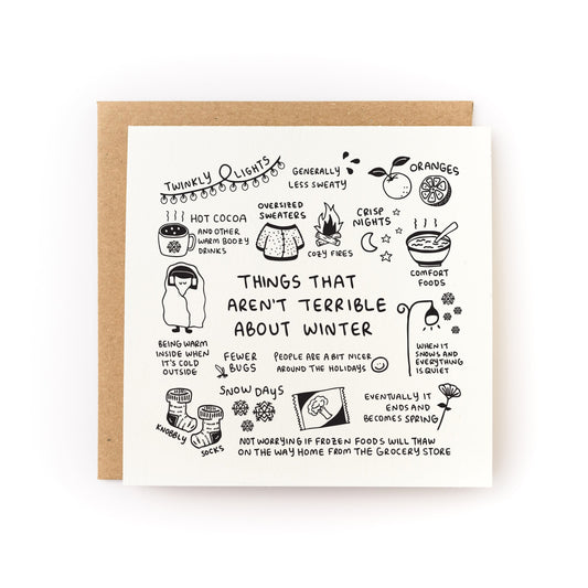 Things That Aren't Terrible About Winter Letterpress Card with hand-drawn winter comforts and cozy illustrations.