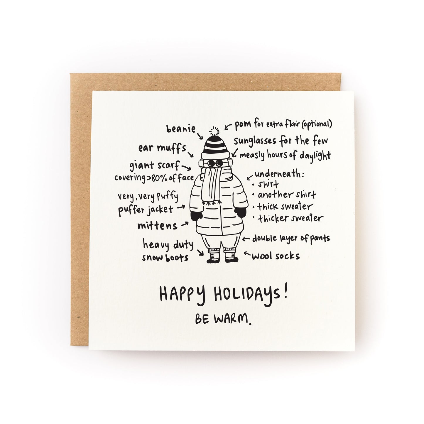 How To Dress For Winter Letterpress Card with winter gear illustration and festive holiday message on luxe white cardstock