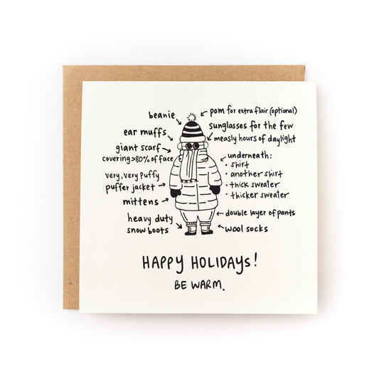 How To Dress For Winter Letterpress Card with winter gear illustration and festive holiday message on luxe white cardstock