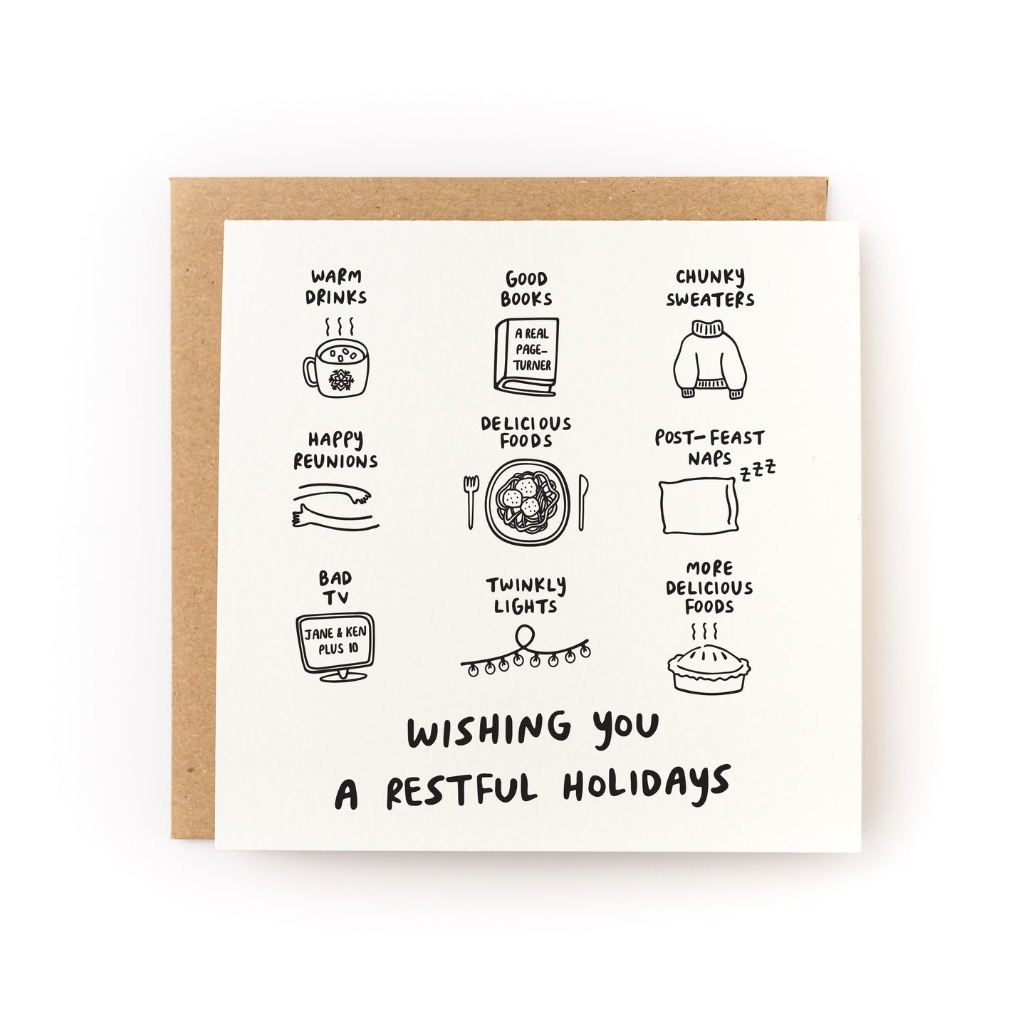 Wishing You a Restful Holidays Letterpress Card with cozy winter icons on white card and kraft envelope.