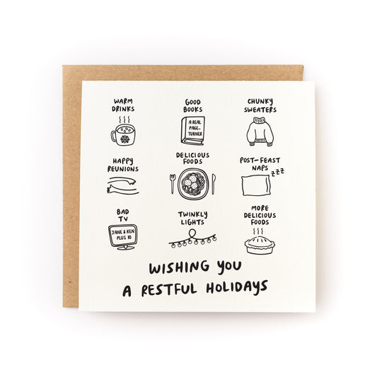 Wishing You a Restful Holidays Letterpress Card with cozy winter icons on white card and kraft envelope.