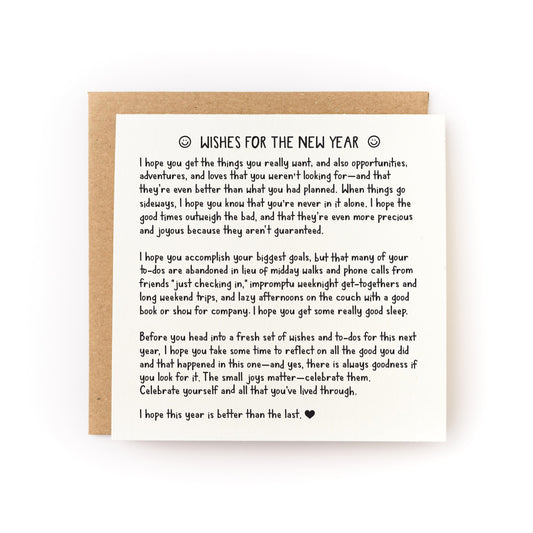 Wishes for the New Year Letterpress Card with heartfelt printed message on luxe white cardstock and kraft envelope.