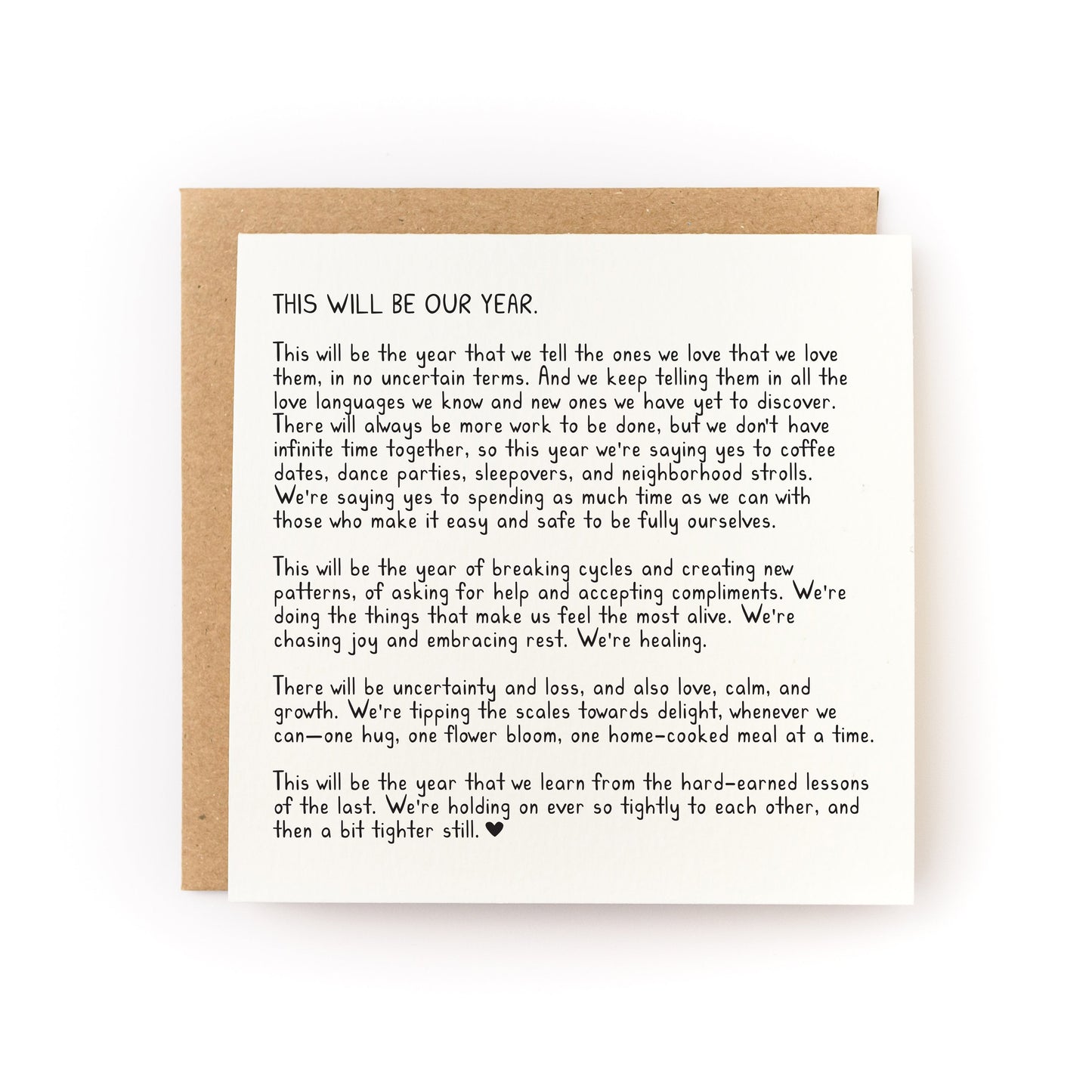 This Will Be Our Year Letterpress Card with heartfelt new year message printed on soft white cardstock with kraft envelope.