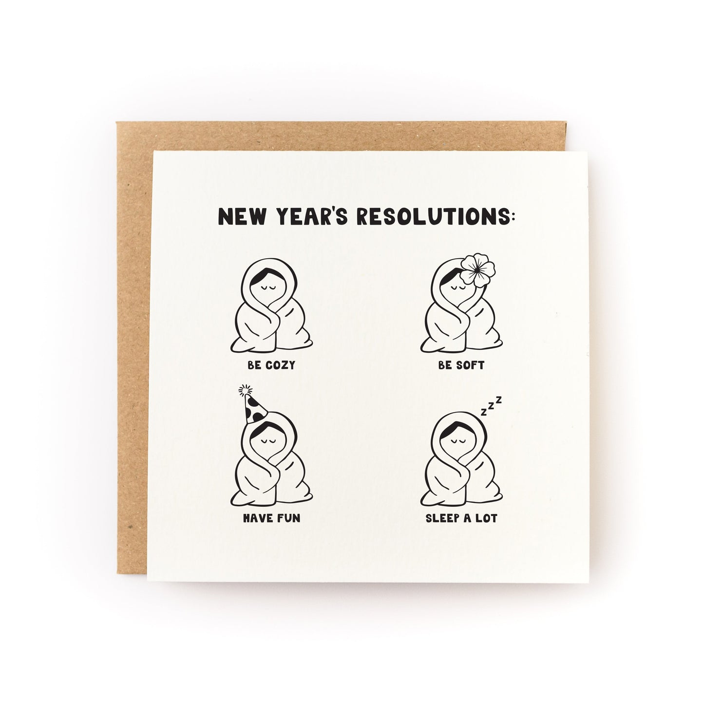 New Year's Resolutions Letterpress Card with illustrations of cozy, soft, fun, and sleep-themed characters on white cardstock.