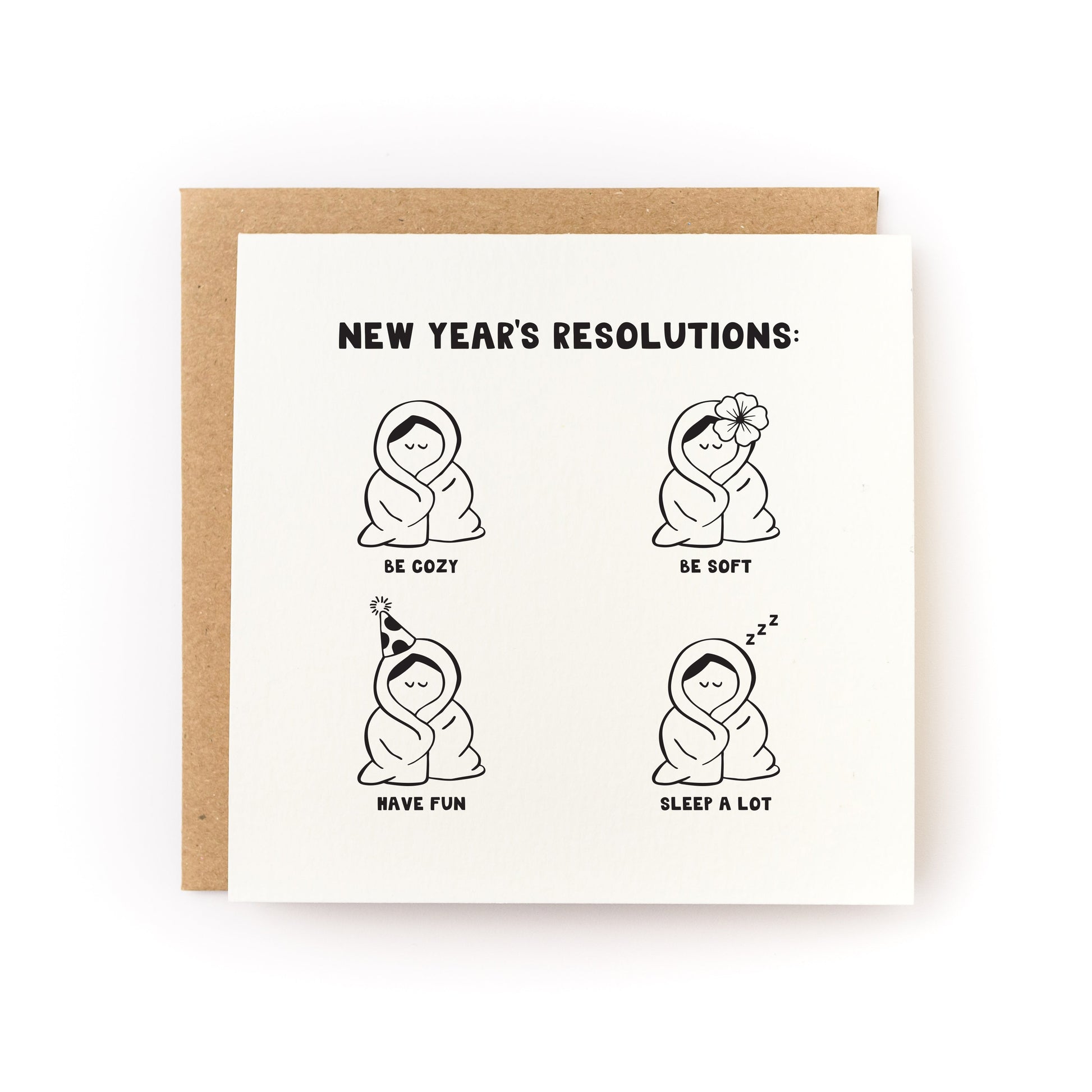 New Year's Resolutions Letterpress Card with illustrations of cozy, soft, fun, and sleep-themed characters on white cardstock.