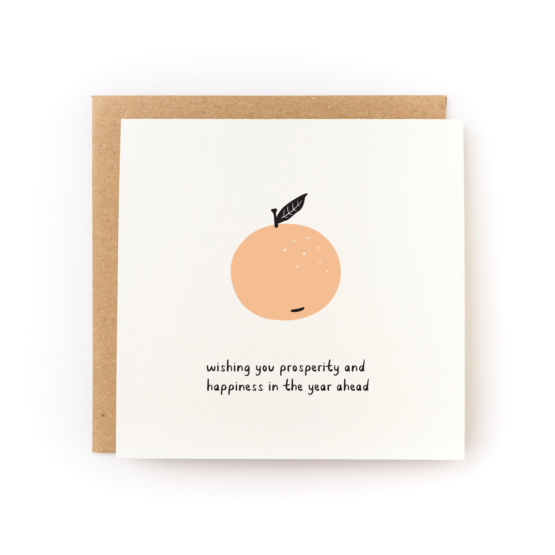 Lucky Orange Lunar New Year Letterpress Card with simple orange illustration and prosperity greeting on white cardstock.