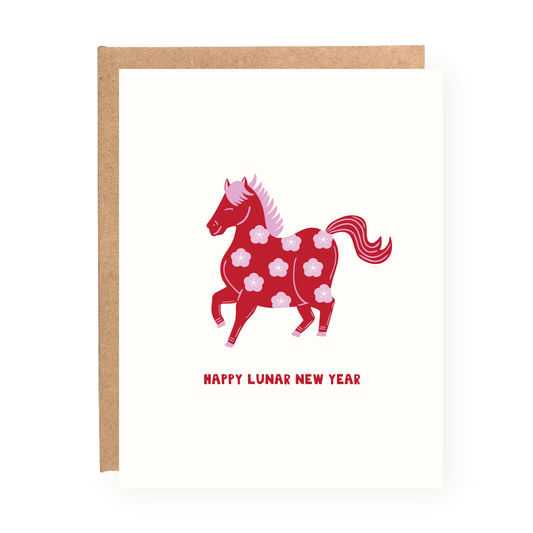 Lunar New Year Year of the Horse Card with red floral horse illustration and Happy Lunar New Year text on white cardstock.