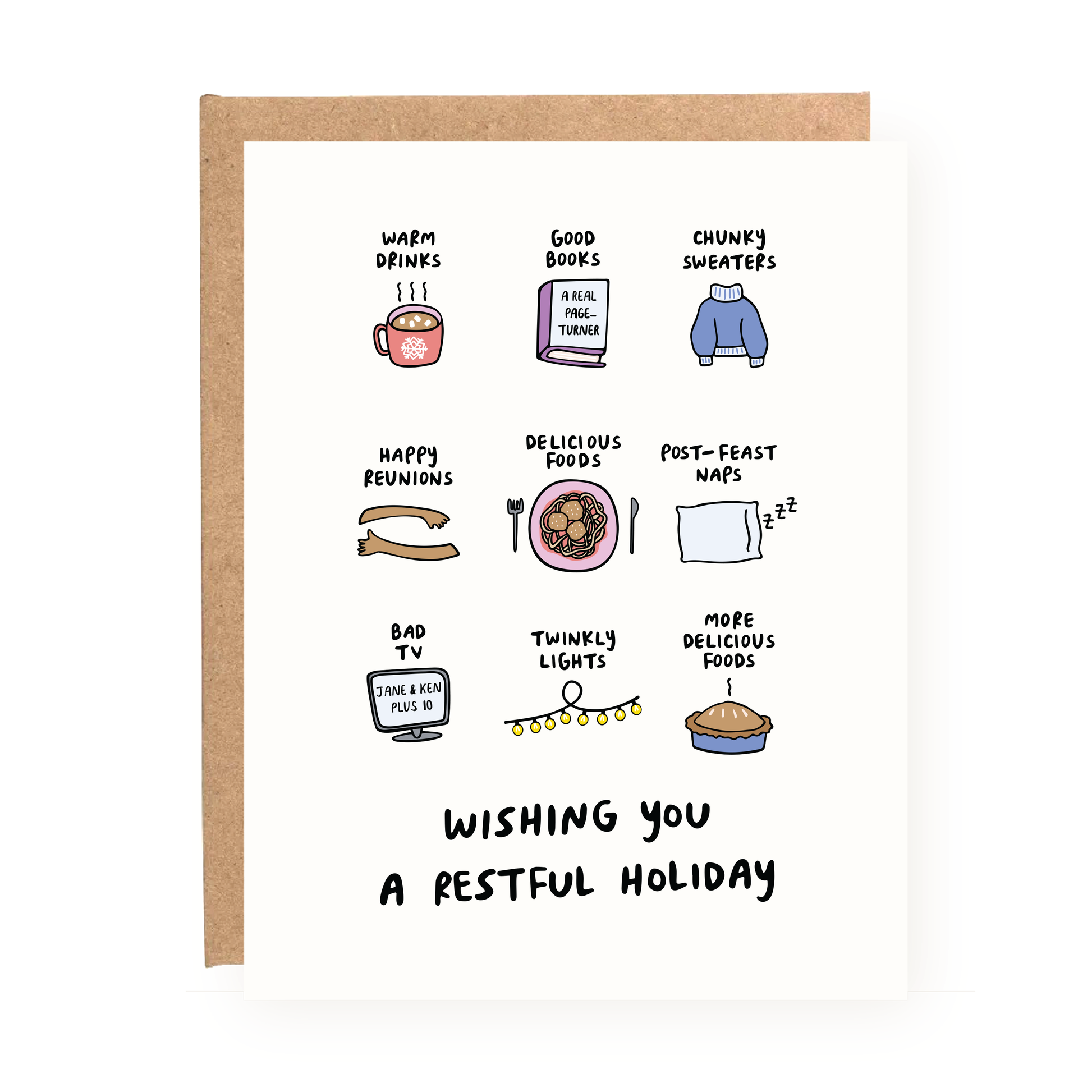 Wishing You a Restful Holiday Card with cozy illustrations of drinks, books, sweaters, food, naps, and holiday lights.