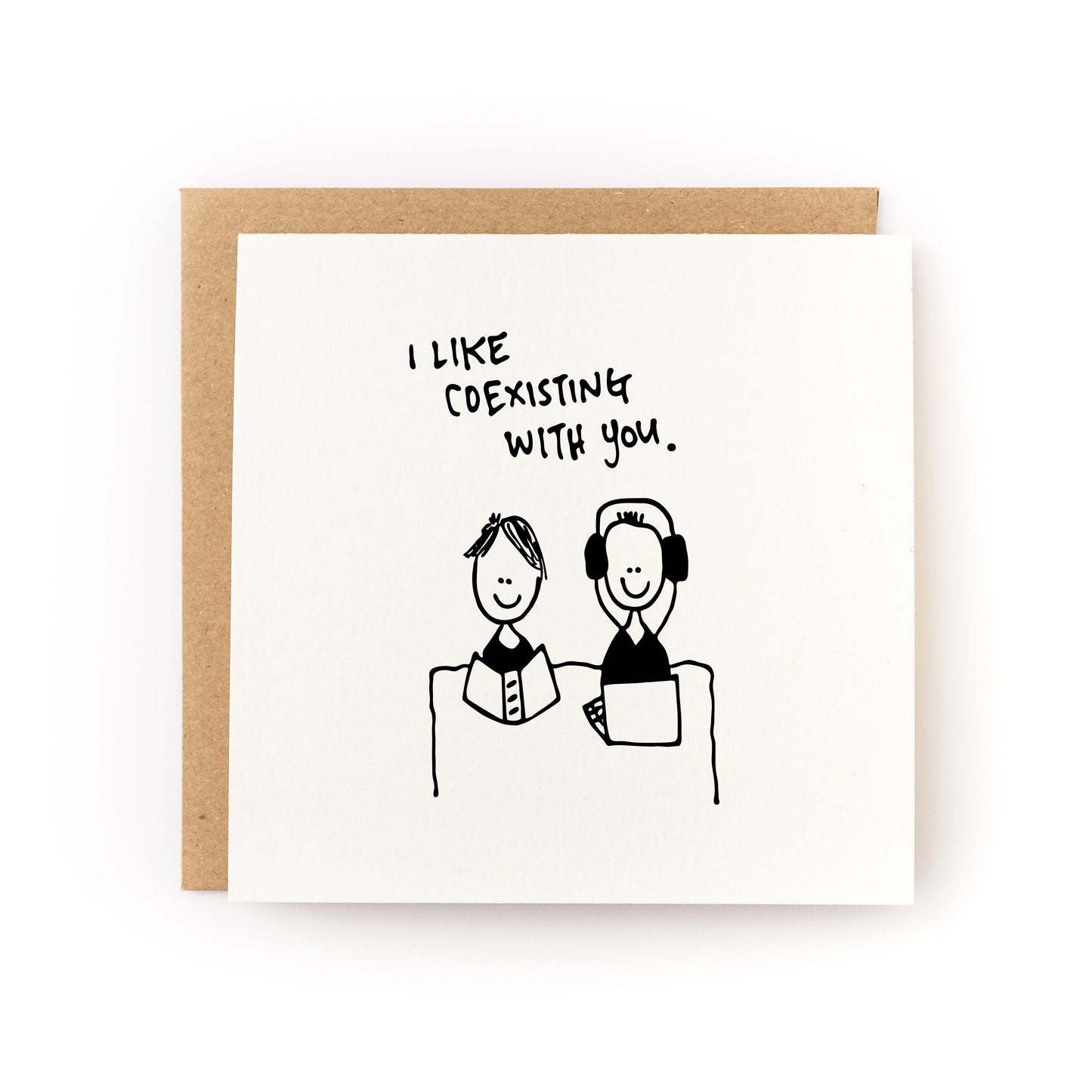 I Like Coexisting With You Letterpress Card with hand-drawn couple illustration and kraft envelope on white cardstock.
