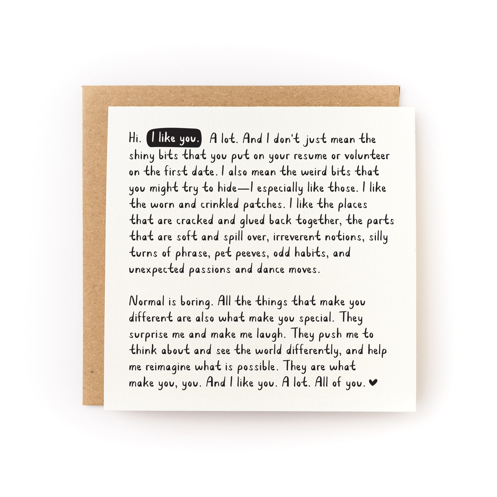 I Like You. A Lot. All of You. Letterpress Card with heartfelt message on luxe white cardstock and kraft envelope.