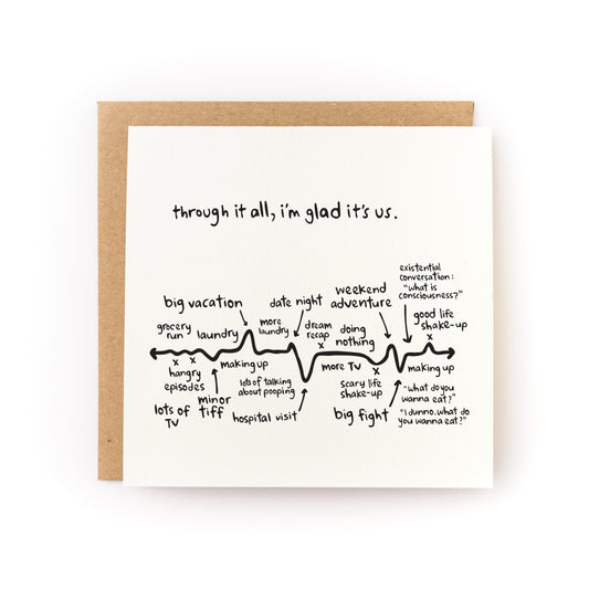 Through It All, I'm Glad It's Us Letterpress Card with handwritten timeline of life moments on white cardstock