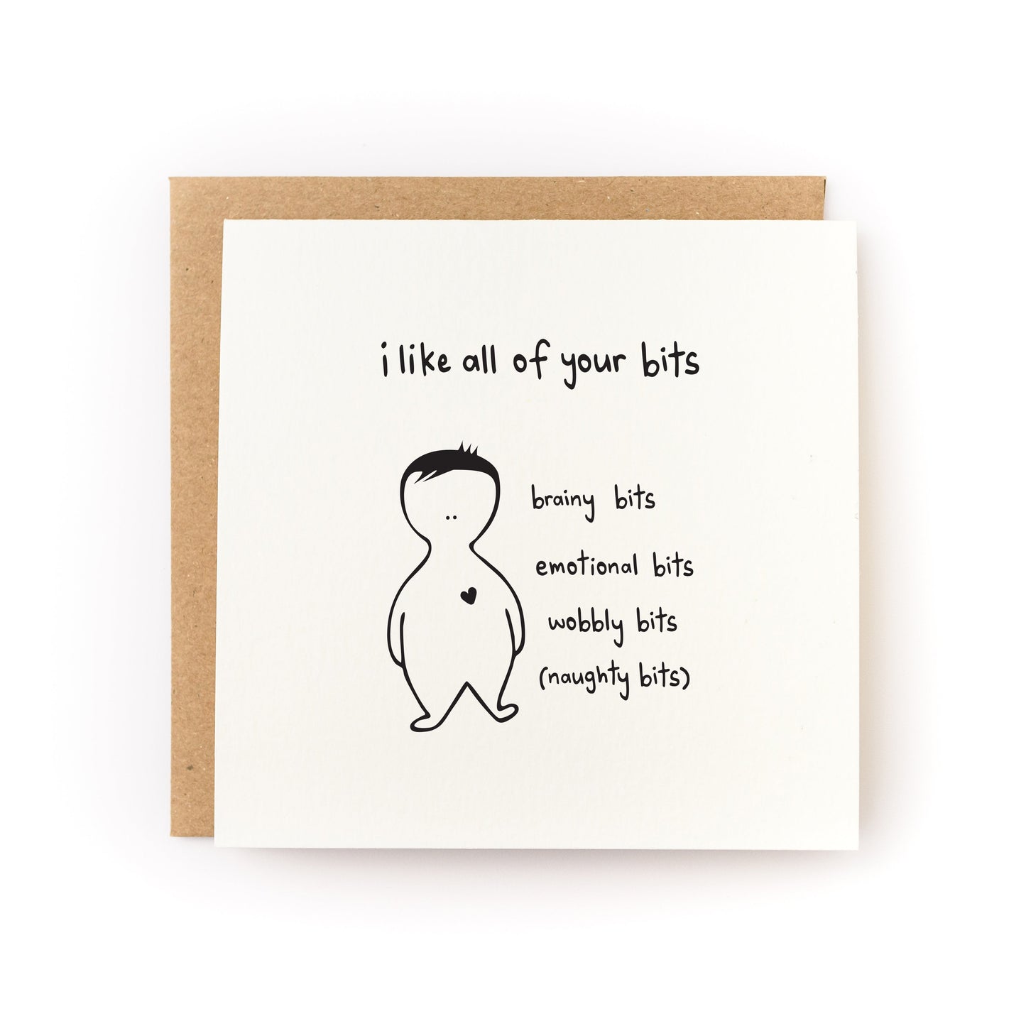 I Like All of Your Bits Letterpress Card with handwritten text and simple character on white cardstock with kraft envelope.