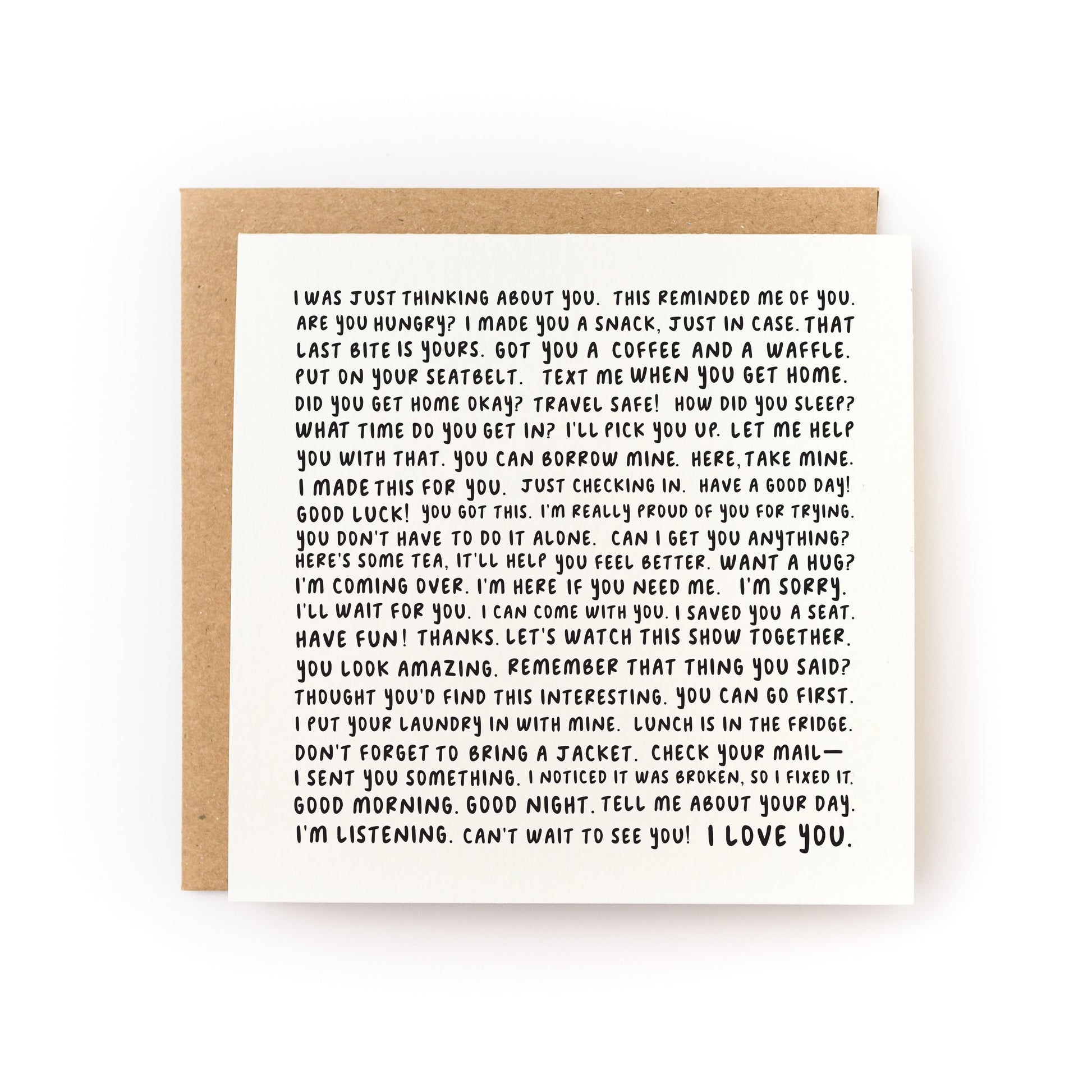 Love Languages Letterpress Card featuring caring handwritten messages printed on luxe white cardstock with kraft envelope.