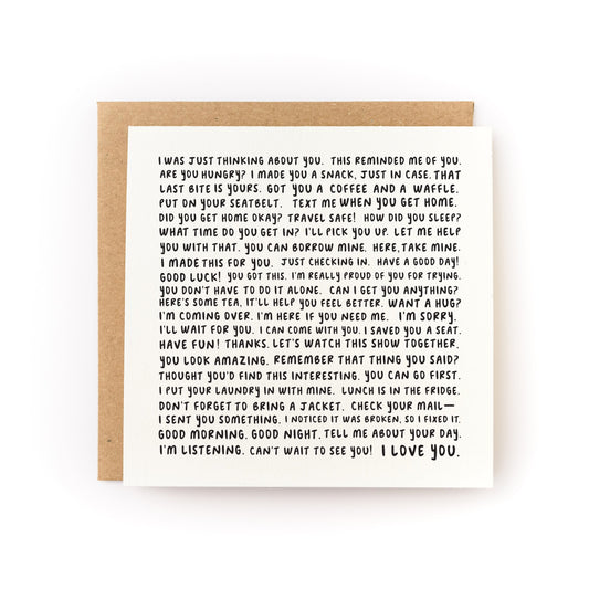 Love Languages Letterpress Card featuring caring handwritten messages printed on luxe white cardstock with kraft envelope.