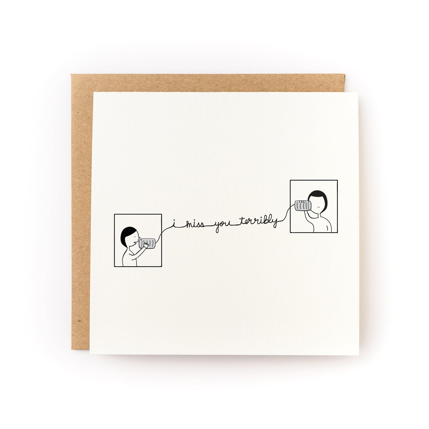 I Miss You Terribly Letterpress Card with two illustrated people connected by a string phone on white card and kraft envelope.
