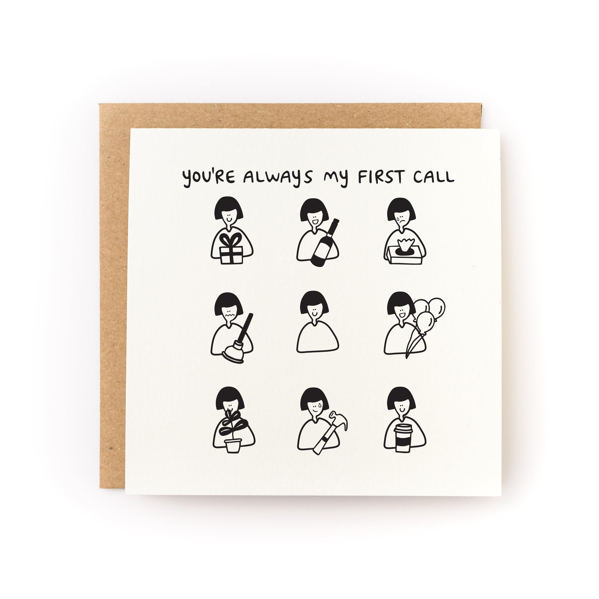 You're My First Call Letterpress Card showing illustrations of a woman with gifts and activities on white card.