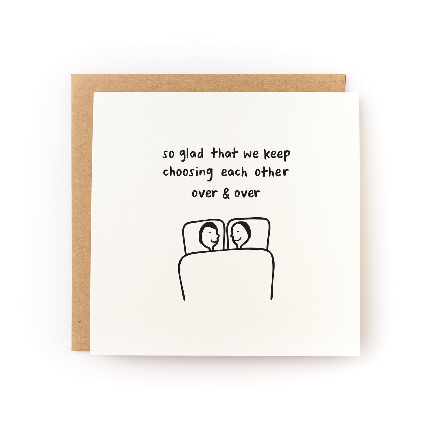 Choosing Each Other Letterpress Card with illustration of couple in bed and text about choosing each other over and over