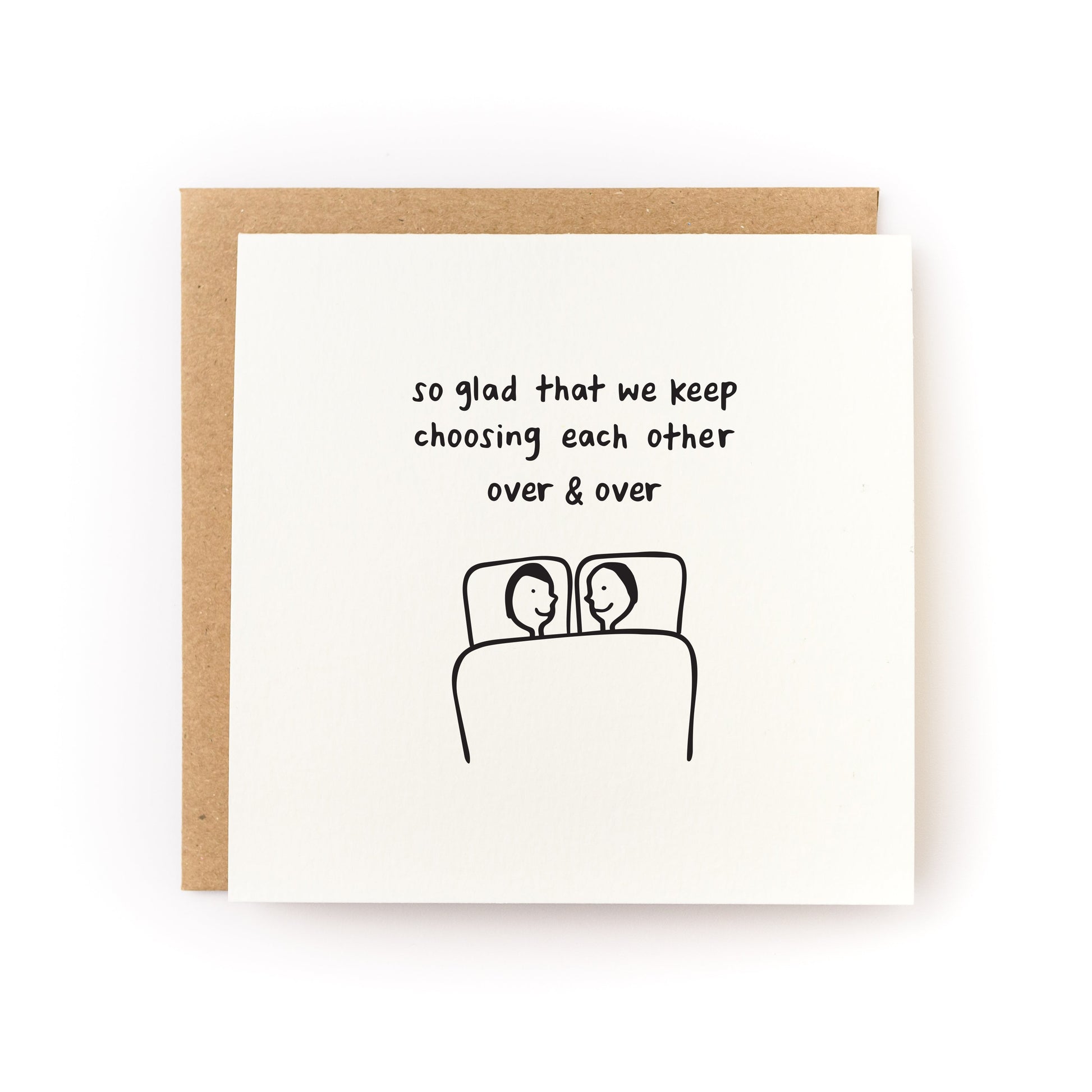 Choosing Each Other Letterpress Card with illustration of couple in bed and text about choosing each other over and over