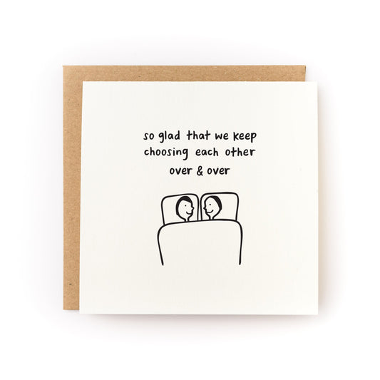 Choosing Each Other Letterpress Card with illustration of couple in bed and text about choosing each other over and over