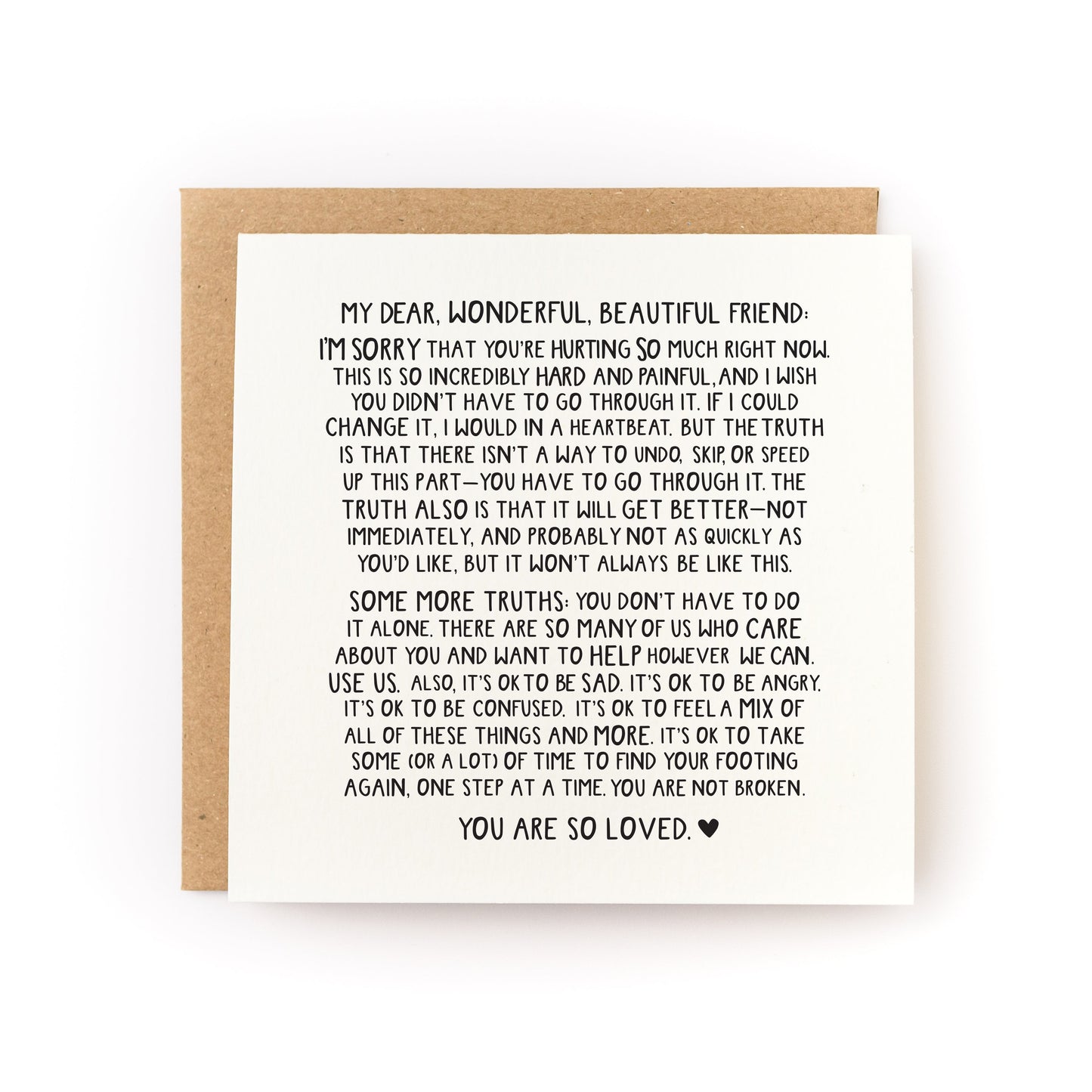 You Are So Loved Letterpress Card with heartfelt supportive message on white cardstock and kraft envelope.