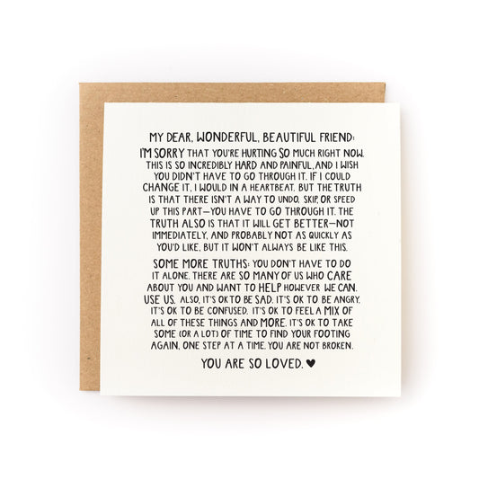 You Are So Loved Letterpress Card with heartfelt supportive message on white cardstock and kraft envelope.