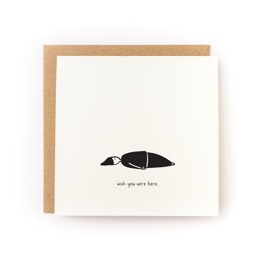 Wish You Were Here Letterpress Card with cozy figure and text on soft white cardstock with kraft envelope.