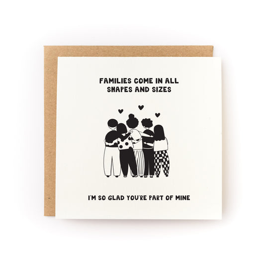 Families Come in all Shapes Letterpress Card with diverse family illustration and heartfelt text on folded white card