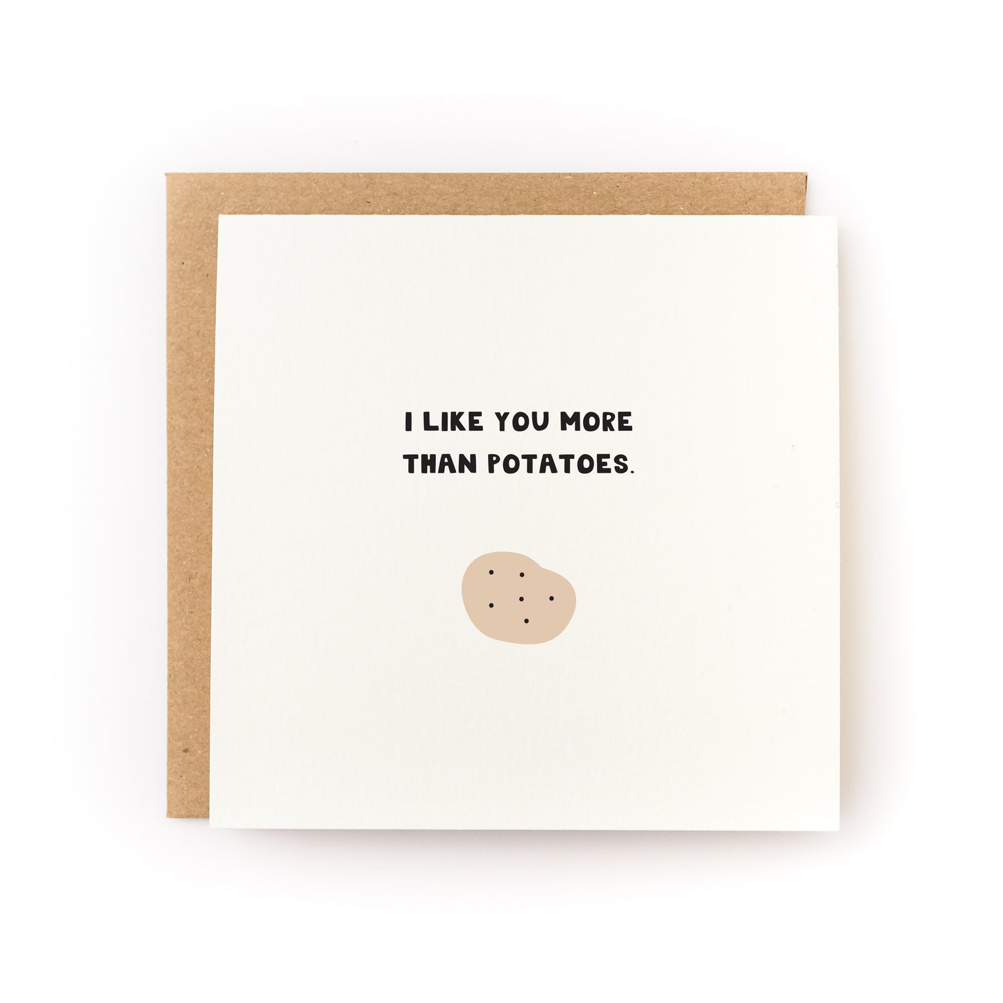 Like You More Than Potatoes Letterpress Card with handwritten text and potato illustration on white cardstock with kraft envelope