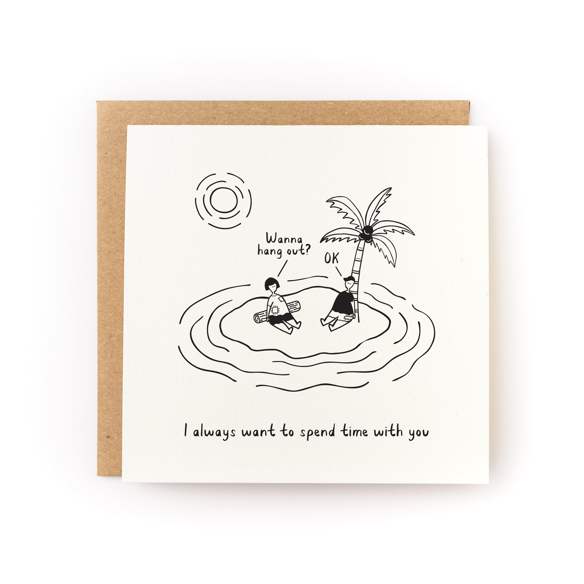 Wanna Hang Out Letterpress Card featuring hand-drawn island scene with two people chatting under a palm tree.