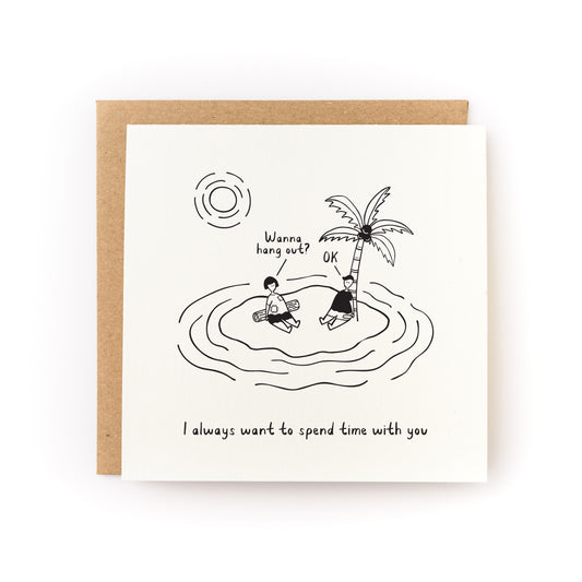 Wanna Hang Out Letterpress Card featuring hand-drawn island scene with two people chatting under a palm tree.