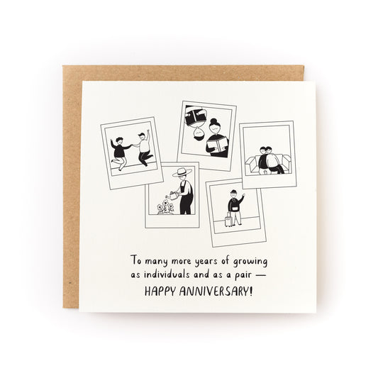 Polaroid Anniversary Card with black and white family photo sketches and anniversary greeting on white cardstock