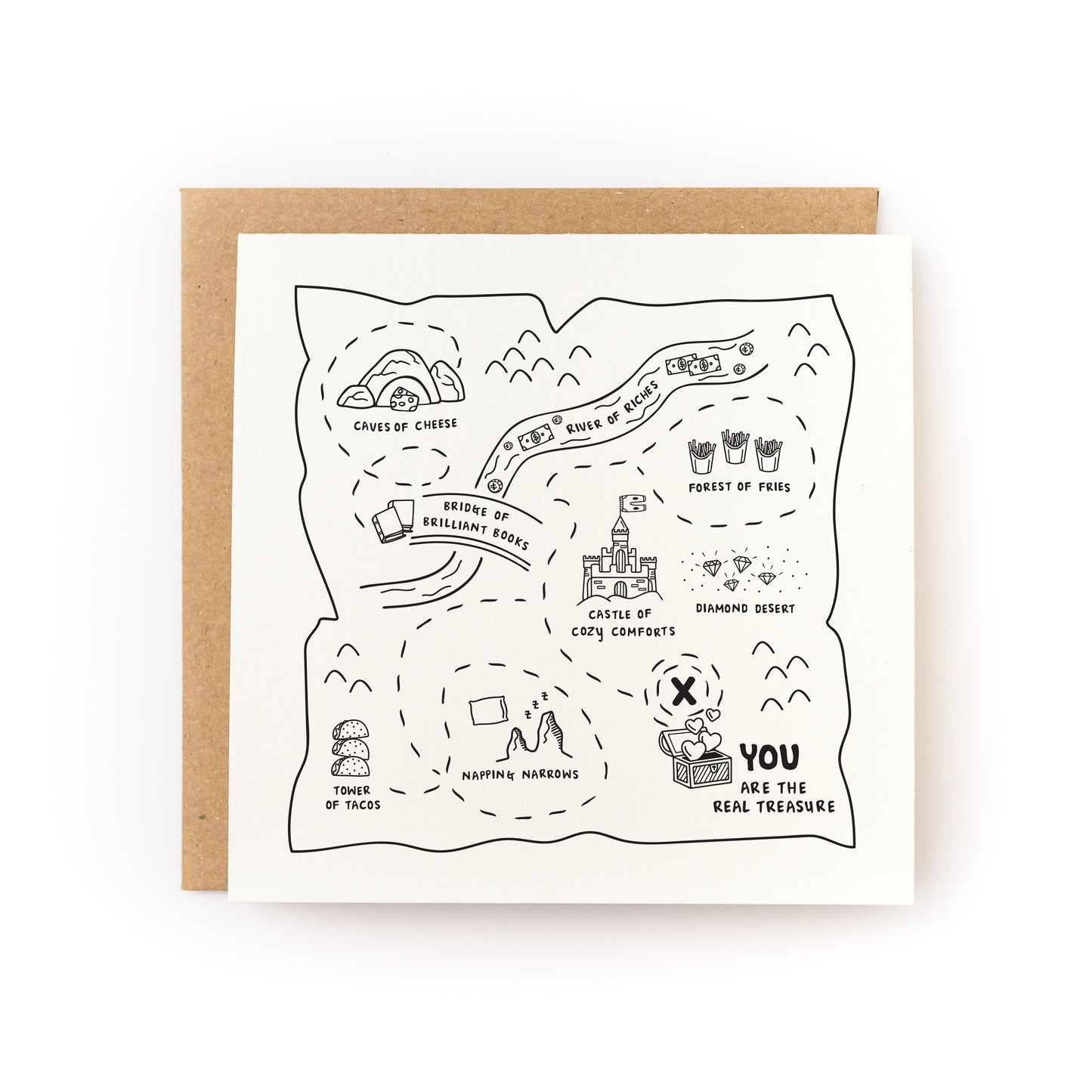 Treasure Map Valentine's Day Letterpress Card with hand-drawn map and treasure theme on luxe white cardstock.