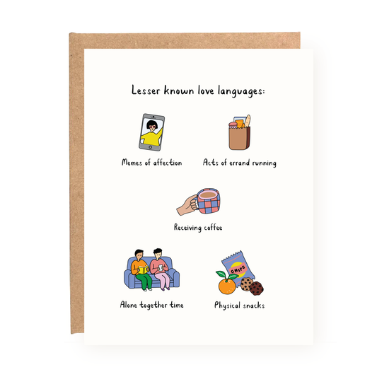 Lesser Known Love Languages Valentine's Day Card showing quirky love language illustrations on a folded card.
