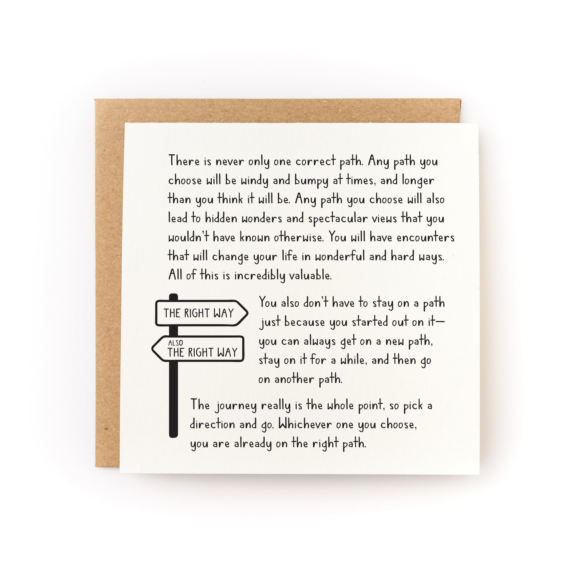 Whichever Path You Choose (It's The Right One) Letterpress Card with inspirational message and street sign illustration on white cardstock.