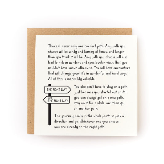 Whichever Path You Choose (It's The Right One) Letterpress Card with inspirational message and street sign illustration on white cardstock.