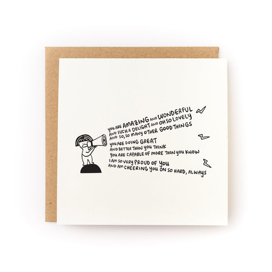 Cheering You On Letterpress Card with encouraging handwritten message and illustration on soft white cardstock with kraft envelope.