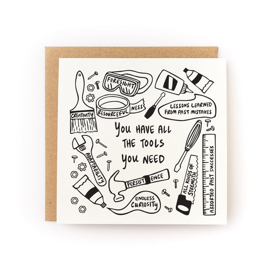 You Have All The Tools You Need Letterpress Card with hand-drawn tools and motivational phrases on white cardstock