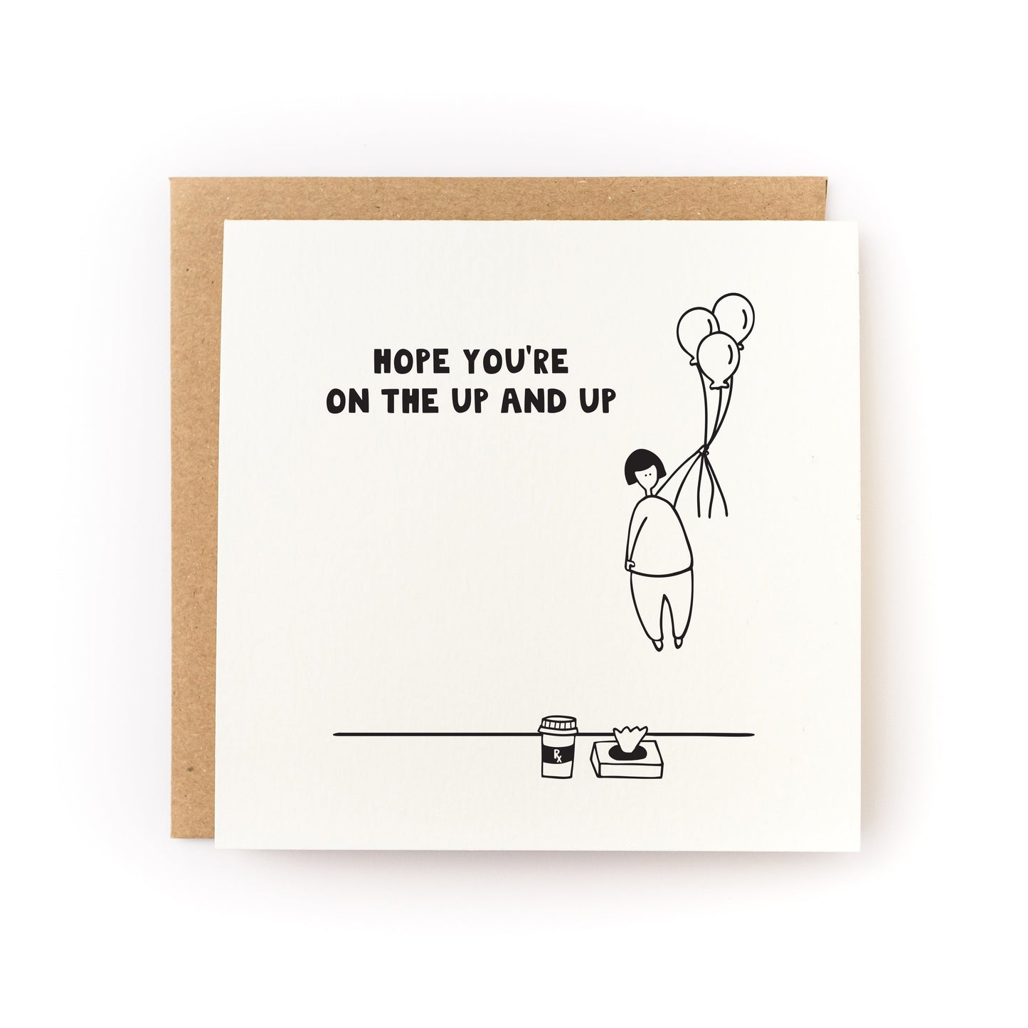 Hope You're On the Up and Up Letterpress Card with illustration of person holding balloons and coffee on white cardstock