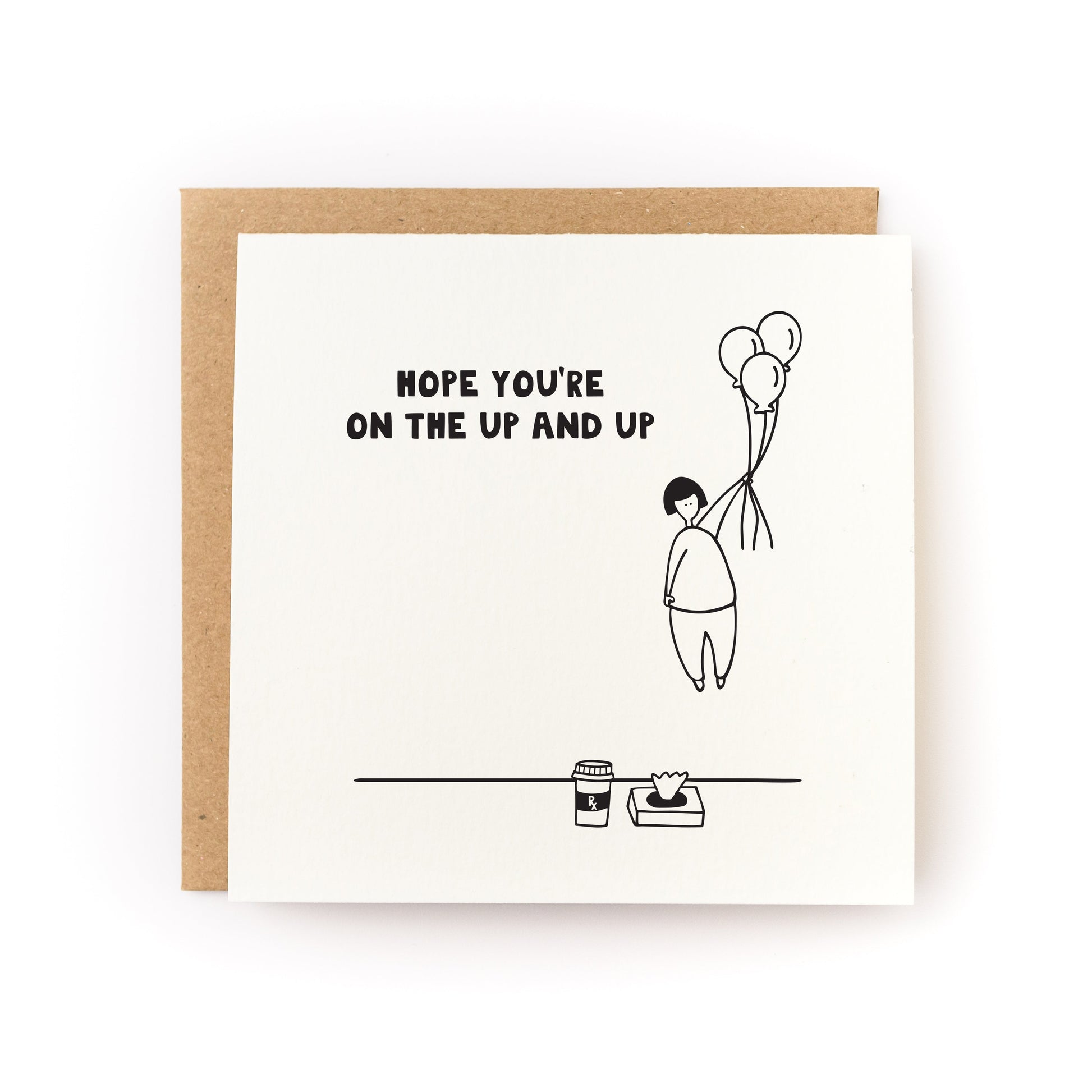 Hope You're On the Up and Up Letterpress Card with illustration of person holding balloons and coffee on white cardstock