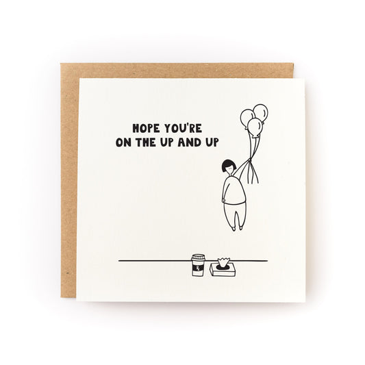 Hope You're On the Up and Up Letterpress Card with illustration of person holding balloons and coffee on white cardstock