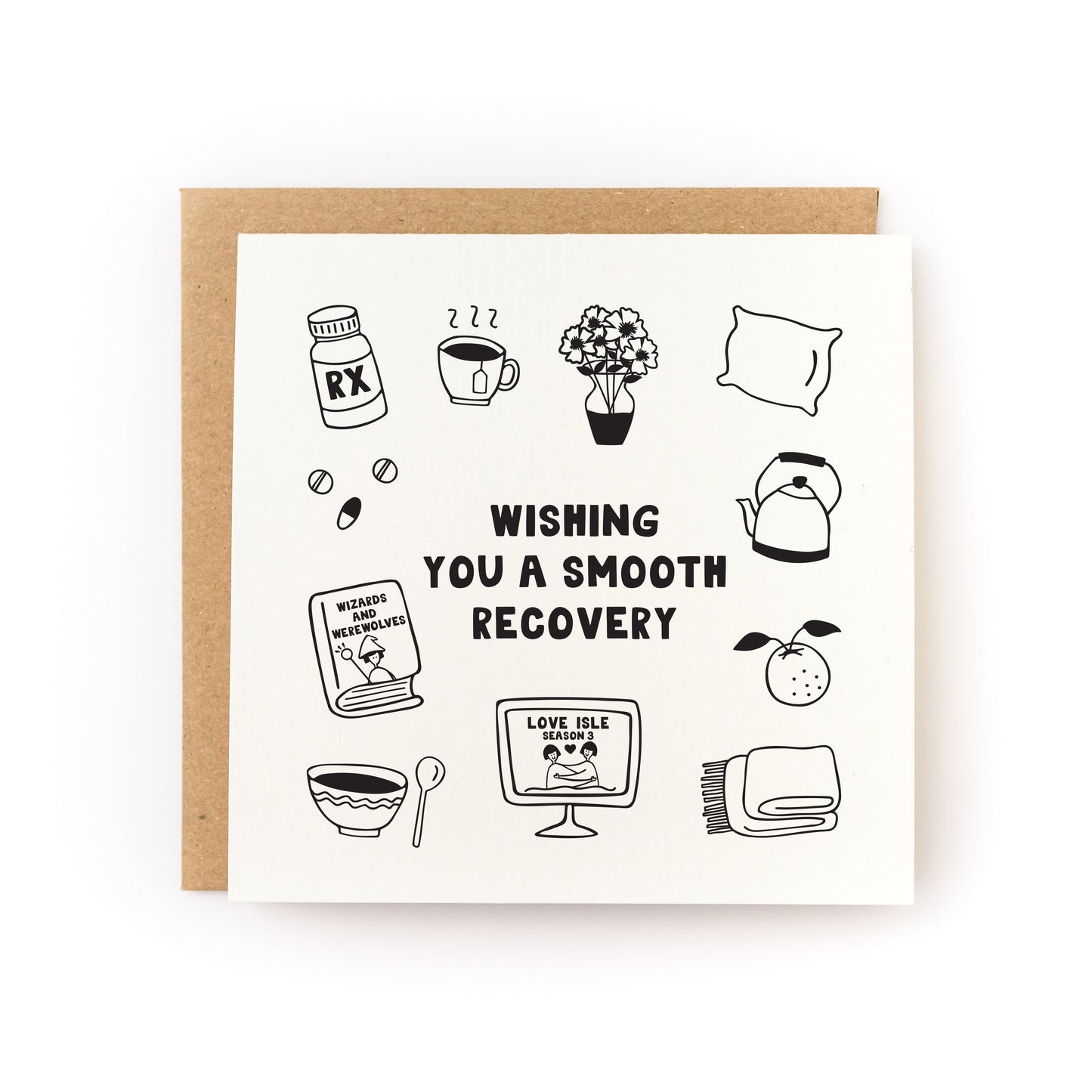 Wishing You a Smooth Recovery Letterpress Card with hand-drawn icons and kraft envelope for well wishes.