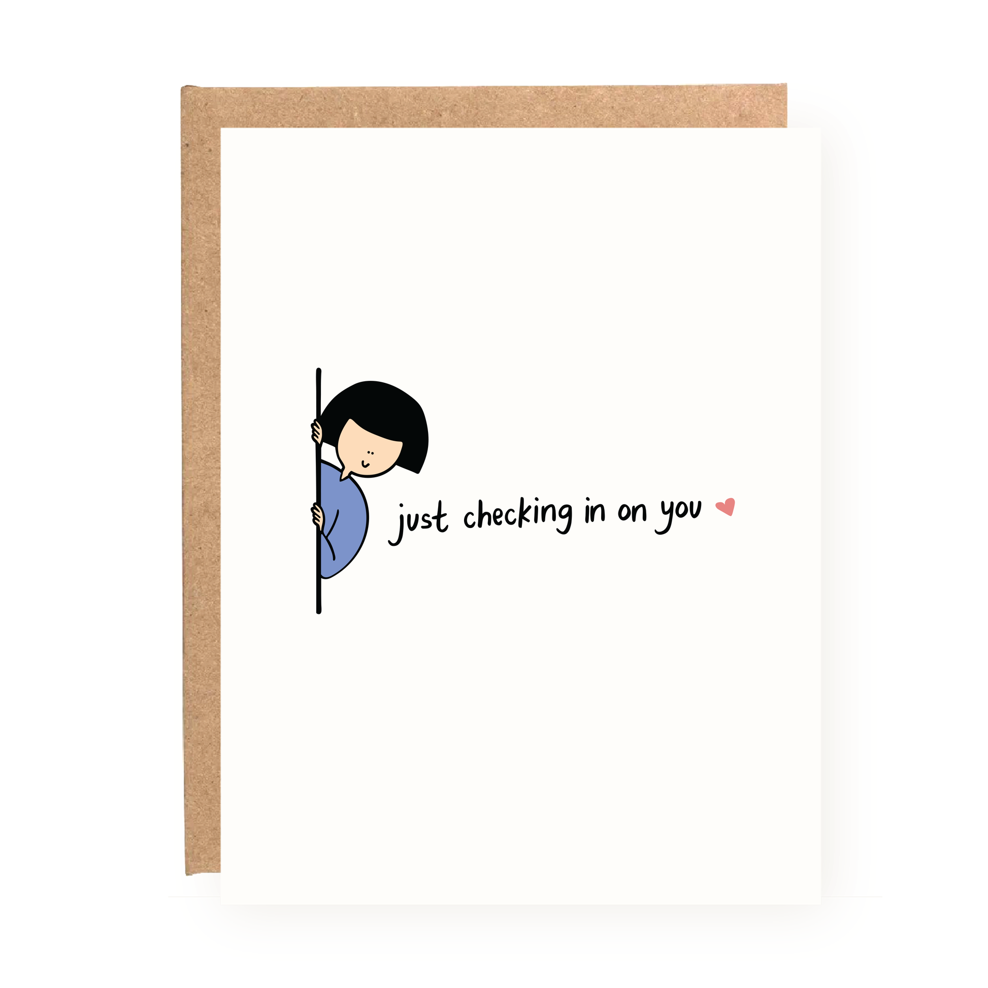 Just Checking In On You Card with illustration of person peeking and text on white card with kraft envelope.